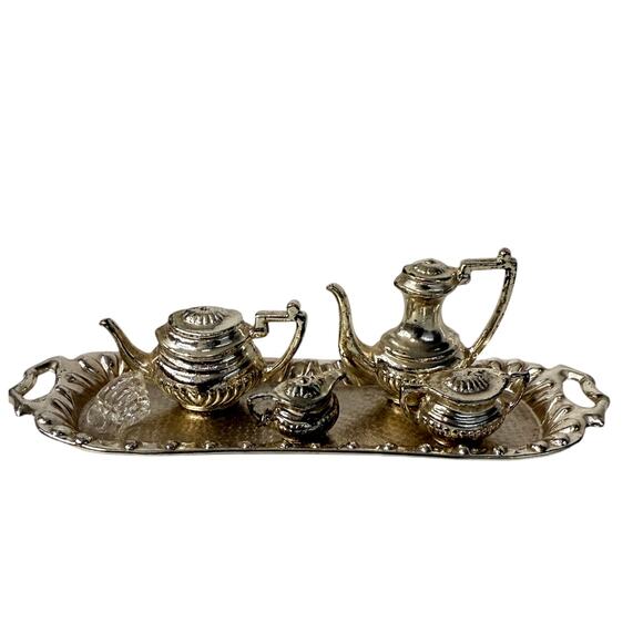 Unknown Other - Vintage Miniature Dollhouse Silver Plated Tea Set 6-Piece w/ Tray 1990s #756165